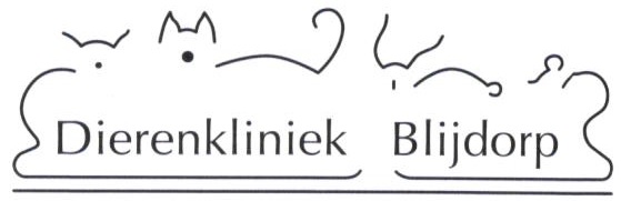 Logo van Dierenkliniek Blijdorp: een getekende lijn met een kat, een hond, een konijn en een muis rond de naam.